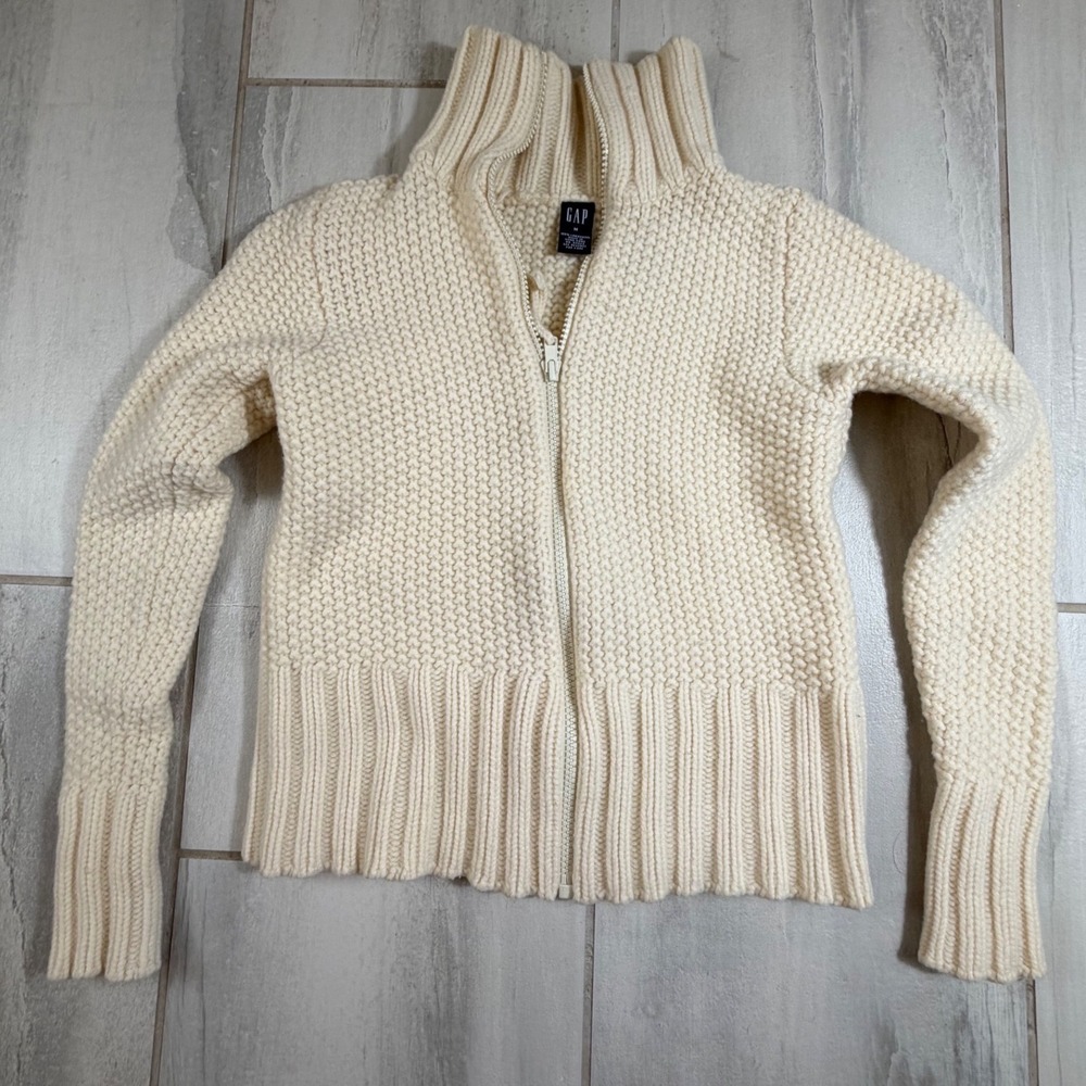 Vintage Gap Y2K 100% Lambswool Full Zip Popcorn Knit Sweater Cream Medium